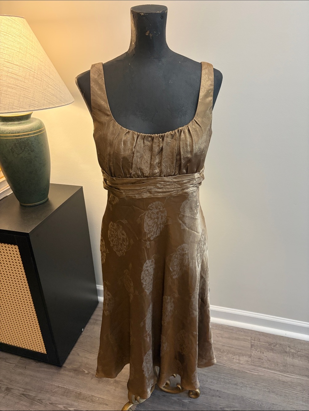 Evan-Picone Jazz Age Y2K Silky Bronze Floral Jacquard Empire A-Line Dress Size 8